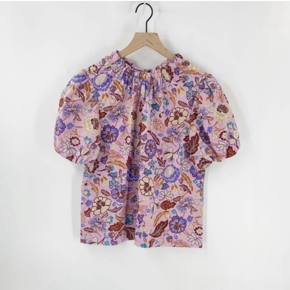Ann Taylor Tops - Ann Taylor Purple & Pink Batik Floral Tie Nape Puff Sleeve Blouse